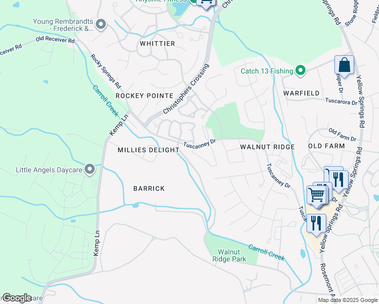map of restaurants, bars, coffee shops, grocery stores, and more near 2620 Emerson Drive in Frederick
