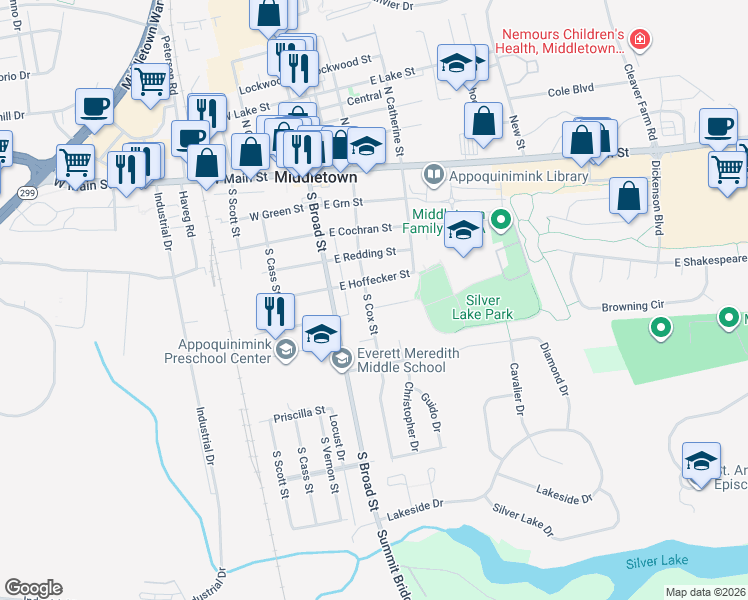 map of restaurants, bars, coffee shops, grocery stores, and more near 101 East Park Place in Middletown