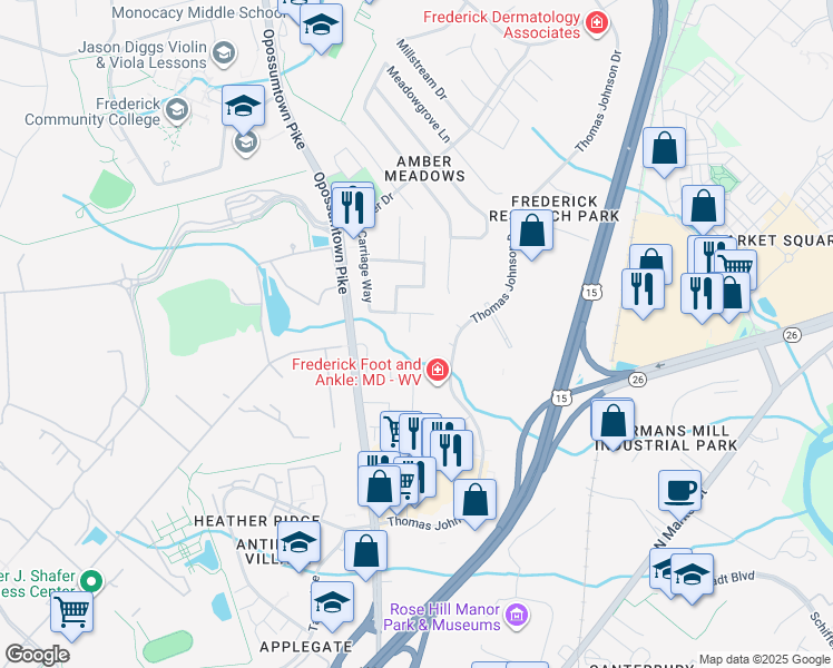 map of restaurants, bars, coffee shops, grocery stores, and more near 1700 Carriage Court in Frederick