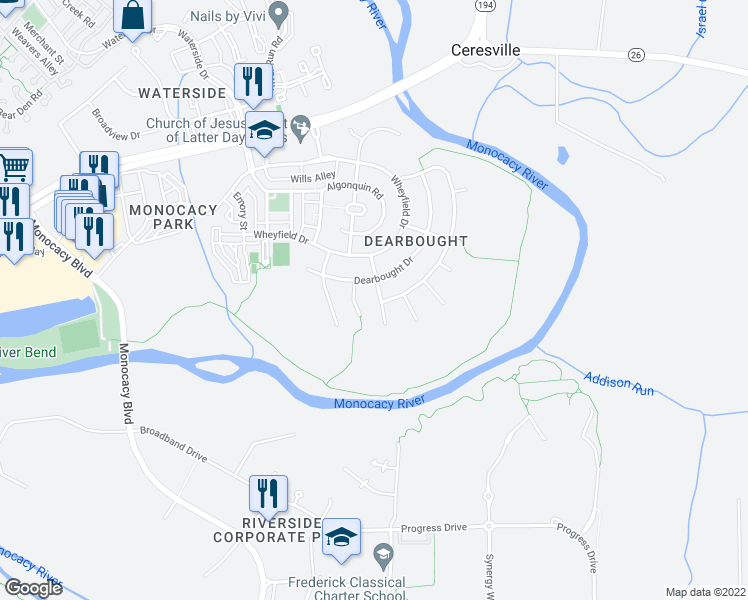 map of restaurants, bars, coffee shops, grocery stores, and more near 1813 Cyril Court in Frederick