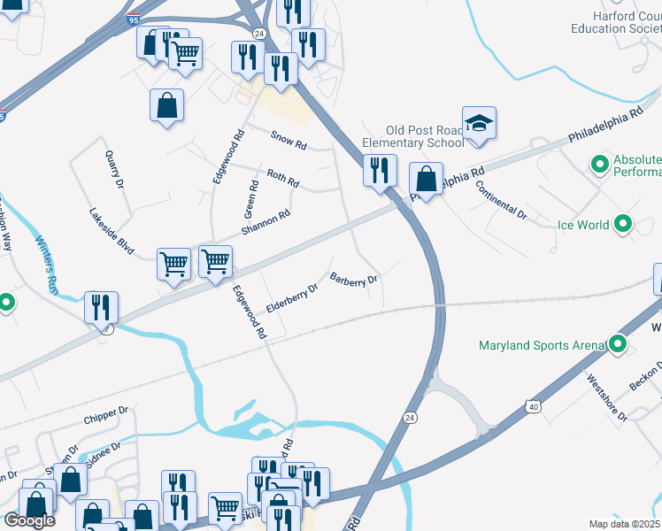 map of restaurants, bars, coffee shops, grocery stores, and more near 2324 Elderberry Drive in Edgewood