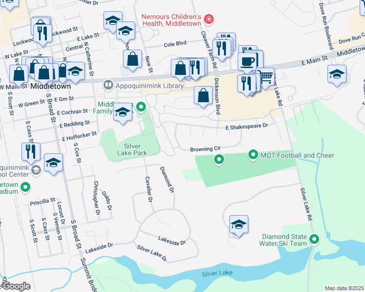 map of restaurants, bars, coffee shops, grocery stores, and more near 46 Browning Circle in Middletown