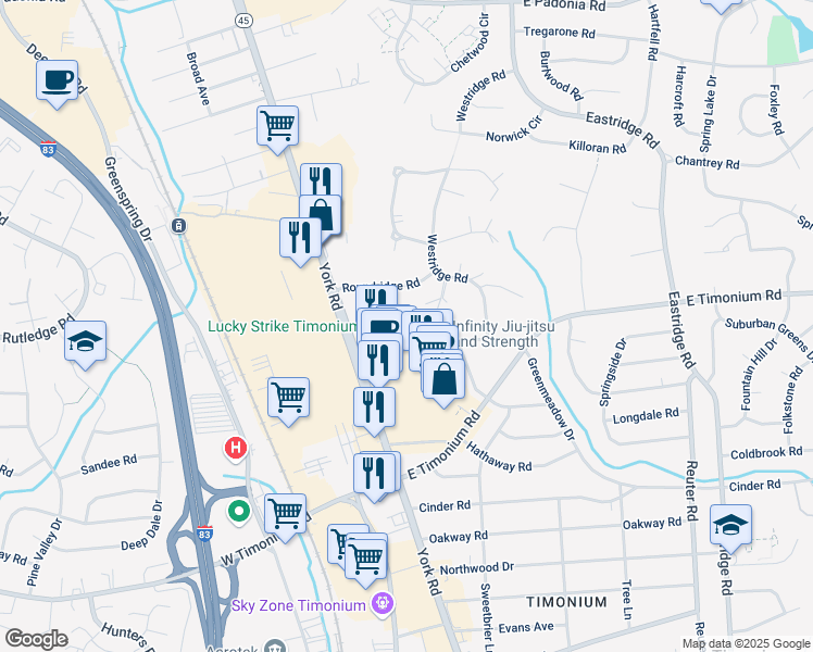 map of restaurants, bars, coffee shops, grocery stores, and more near 22 Greenmeadow Drive in Lutherville-Timonium
