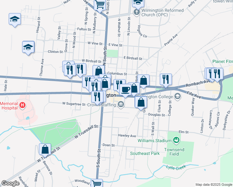 map of restaurants, bars, coffee shops, grocery stores, and more near 103 East Main Street in Wilmington