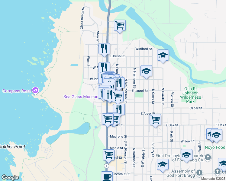map of restaurants, bars, coffee shops, grocery stores, and more near in Fort Bragg