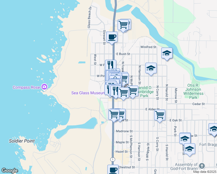 map of restaurants, bars, coffee shops, grocery stores, and more near 116 East Laurel Street in Fort Bragg