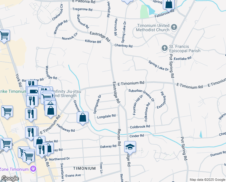 map of restaurants, bars, coffee shops, grocery stores, and more near 164 Springside Drive in Lutherville-Timonium