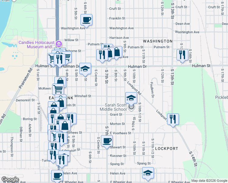 map of restaurants, bars, coffee shops, grocery stores, and more near 1916 South 7th Street in Terre Haute
