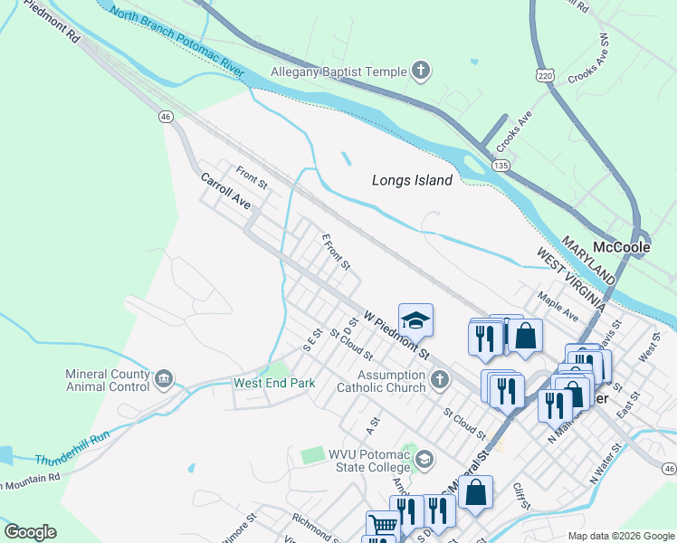 map of restaurants, bars, coffee shops, grocery stores, and more near 38 North F Street in Keyser