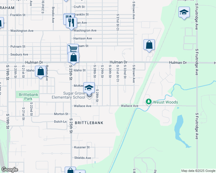 map of restaurants, bars, coffee shops, grocery stores, and more near 2901-2999 Mckeen Street in Terre Haute