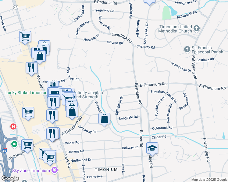 map of restaurants, bars, coffee shops, grocery stores, and more near 121 East Timonium Road in Lutherville-Timonium