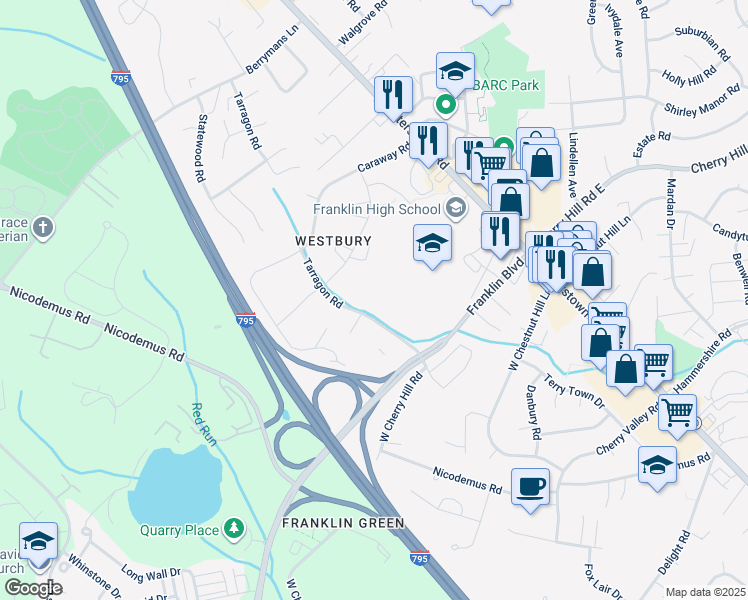 map of restaurants, bars, coffee shops, grocery stores, and more near 11921 Tarragon Road in Reisterstown