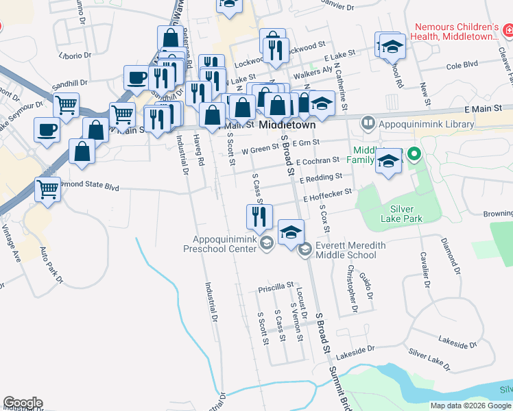 map of restaurants, bars, coffee shops, grocery stores, and more near 306 South Cass Street in Middletown