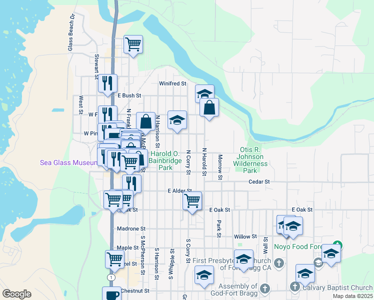 map of restaurants, bars, coffee shops, grocery stores, and more near 545 East Laurel Street in Fort Bragg
