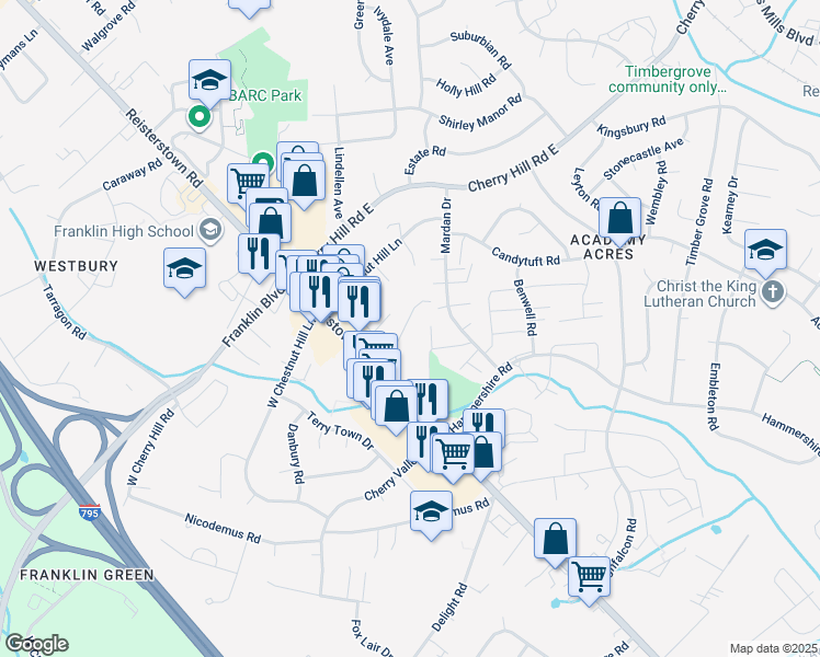 map of restaurants, bars, coffee shops, grocery stores, and more near 9 Austin Road in Reisterstown