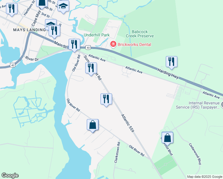 map of restaurants, bars, coffee shops, grocery stores, and more near 5416 Somers Point Road in Hamilton