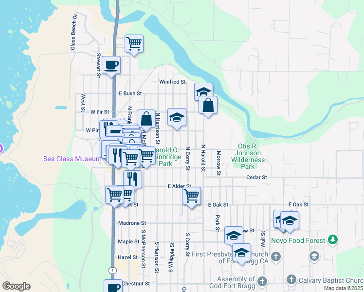 map of restaurants, bars, coffee shops, grocery stores, and more near 545-599 East Laurel Street in Fort Bragg