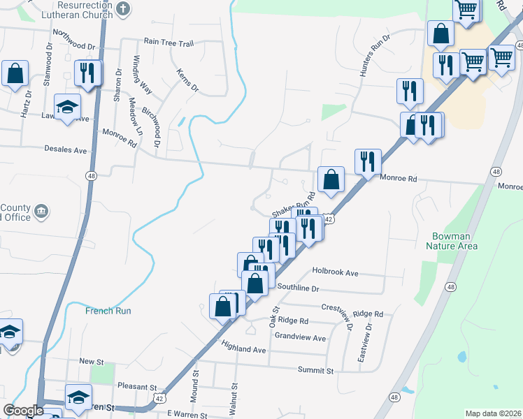 map of restaurants, bars, coffee shops, grocery stores, and more near 24 Shaker Run Road in Lebanon