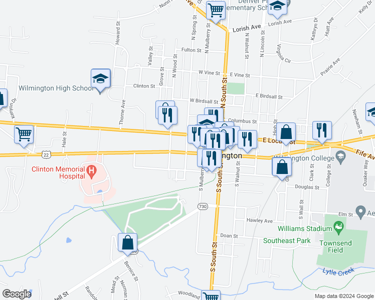 map of restaurants, bars, coffee shops, grocery stores, and more near 167 West Main Street in Wilmington