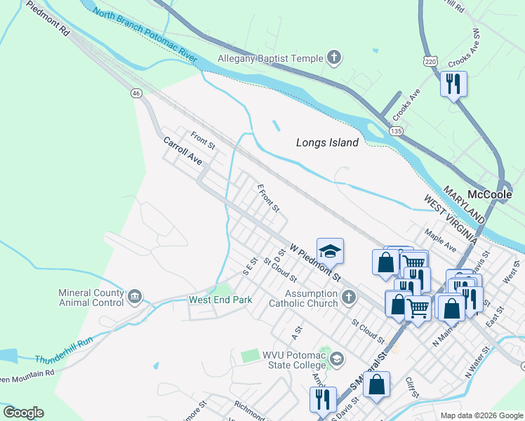 map of restaurants, bars, coffee shops, grocery stores, and more near 38 North F Street in Keyser