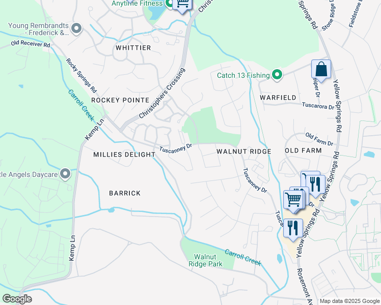 map of restaurants, bars, coffee shops, grocery stores, and more near 2508 Emerson Drive in Frederick