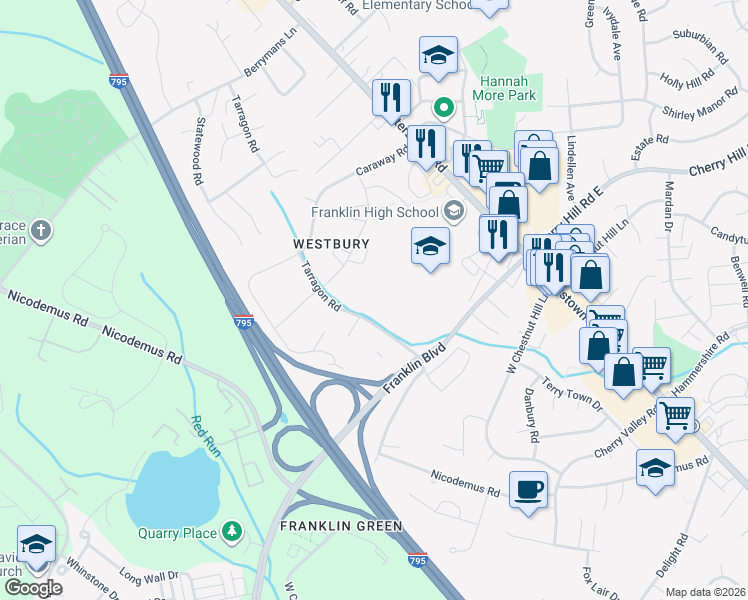 map of restaurants, bars, coffee shops, grocery stores, and more near 11921 Tarragon Road in Reisterstown