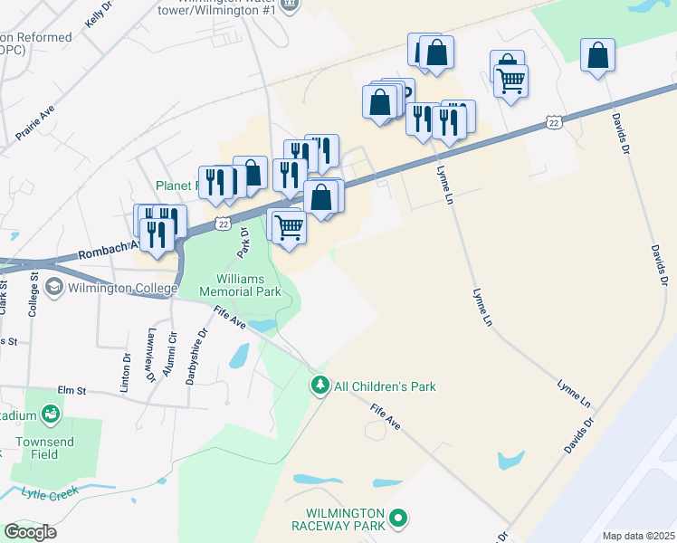 map of restaurants, bars, coffee shops, grocery stores, and more near in Wilmington