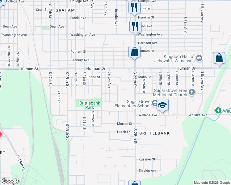 map of restaurants, bars, coffee shops, grocery stores, and more near 2300 Miller Drive in Terre Haute
