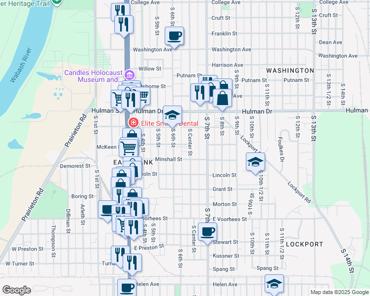 map of restaurants, bars, coffee shops, grocery stores, and more near 1900-1998 S 6th St in Terre Haute