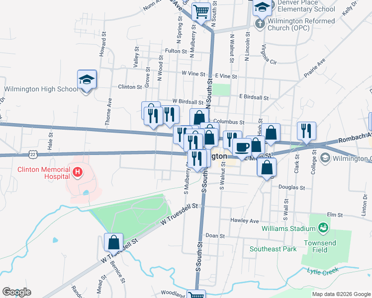 map of restaurants, bars, coffee shops, grocery stores, and more near 103 East Main Street in Wilmington