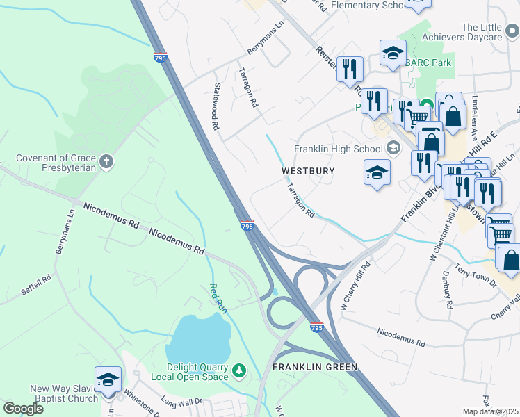 map of restaurants, bars, coffee shops, grocery stores, and more near 113 Caraway Road in Reisterstown