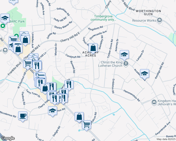 map of restaurants, bars, coffee shops, grocery stores, and more near 55 Fox Run Court in Reisterstown