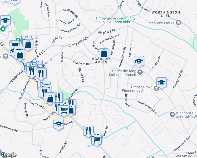 map of restaurants, bars, coffee shops, grocery stores, and more near 55 Fox Run Court in Reisterstown