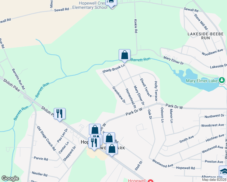 map of restaurants, bars, coffee shops, grocery stores, and more near 113 Grandview Drive in Bridgeton