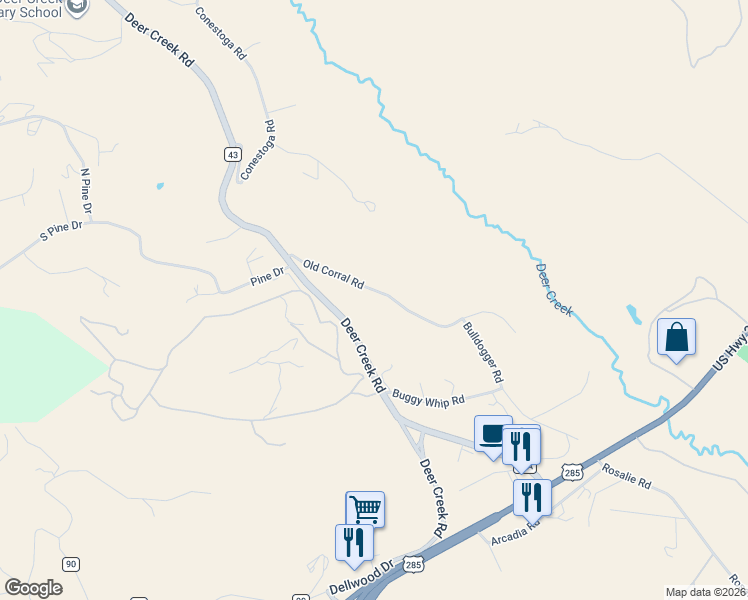 map of restaurants, bars, coffee shops, grocery stores, and more near 214 Old Corral Road in Bailey