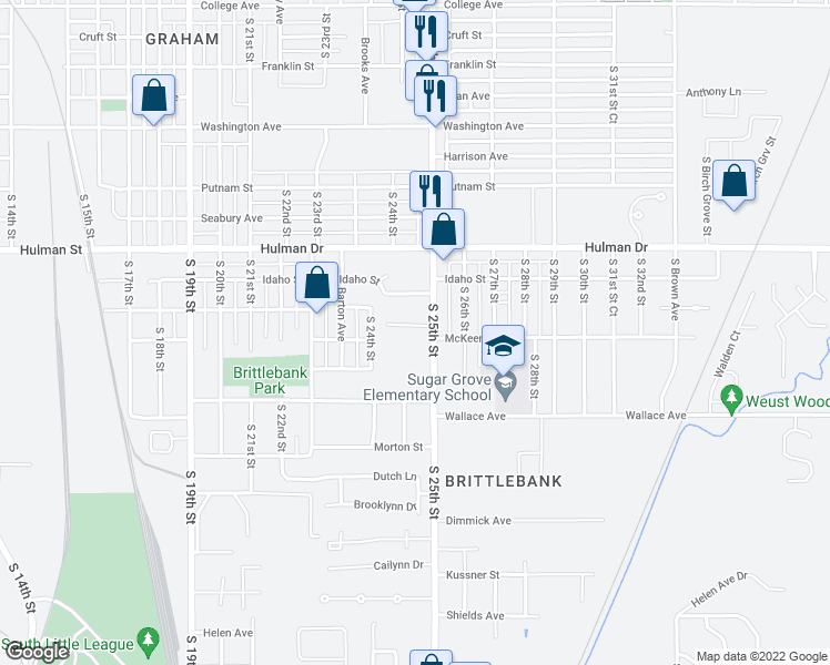 map of restaurants, bars, coffee shops, grocery stores, and more near 2439 Miller Drive in Terre Haute