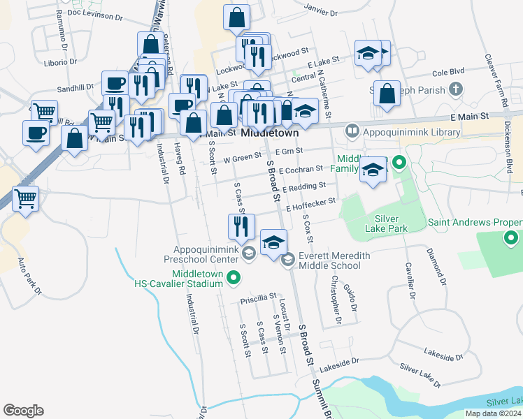 map of restaurants, bars, coffee shops, grocery stores, and more near 7 West Hoffecker Street in Middletown