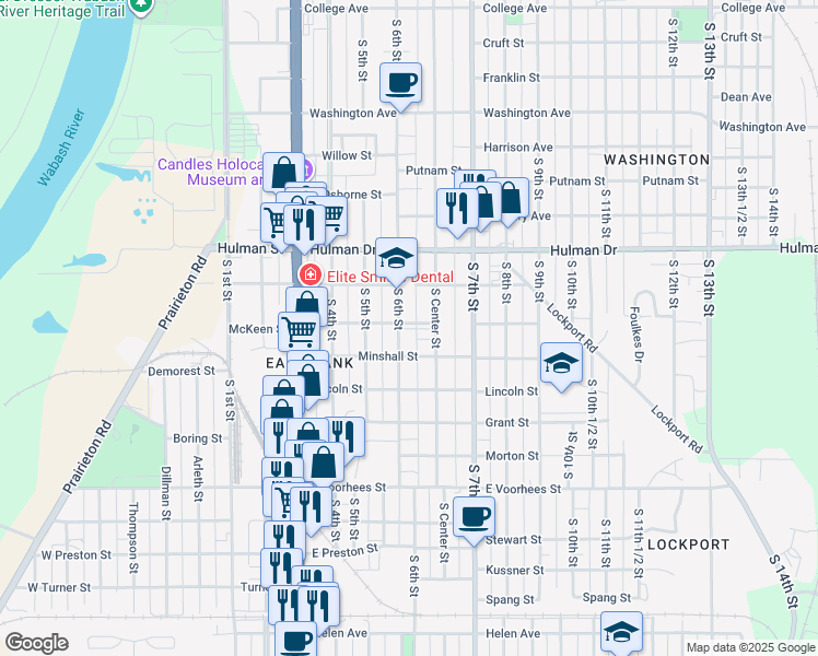 map of restaurants, bars, coffee shops, grocery stores, and more near 1900 South 6th Street in Terre Haute