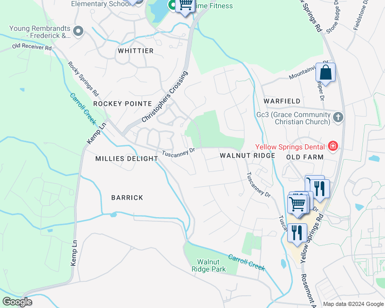 map of restaurants, bars, coffee shops, grocery stores, and more near 2502 Emerson Drive in Frederick