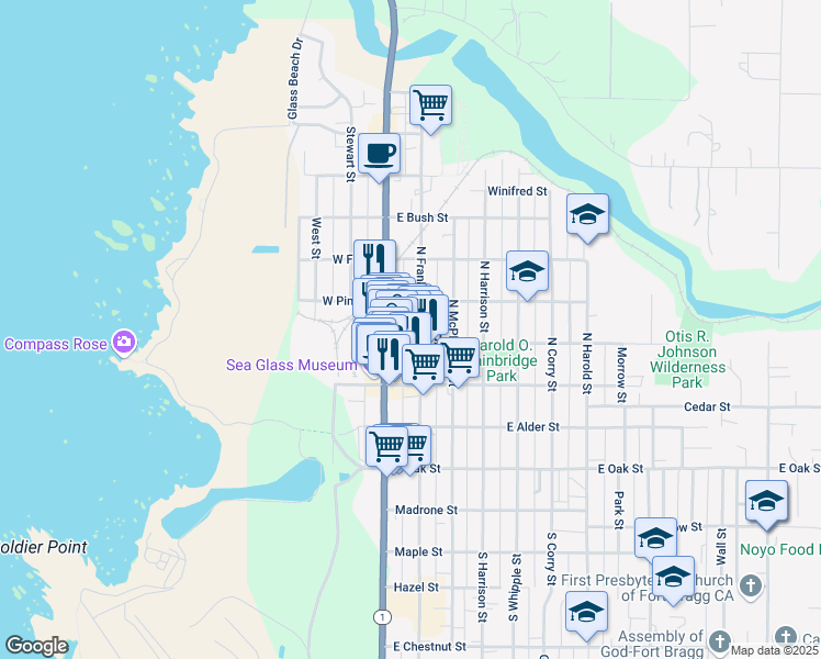 map of restaurants, bars, coffee shops, grocery stores, and more near 423 North Franklin Street in Fort Bragg