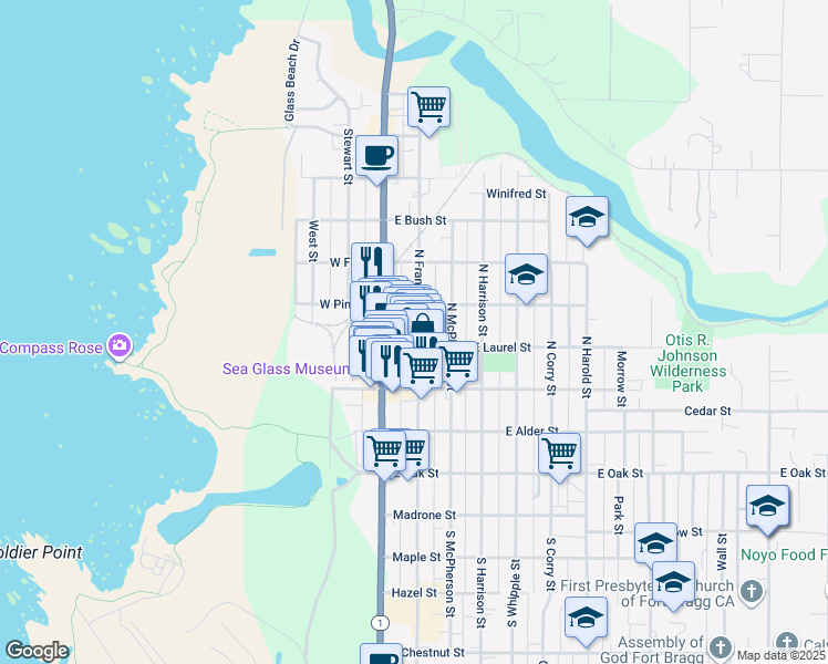 map of restaurants, bars, coffee shops, grocery stores, and more near 423 North Franklin Street in Fort Bragg