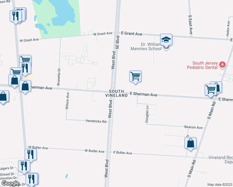 map of restaurants, bars, coffee shops, grocery stores, and more near in Vineland