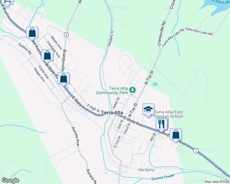 map of restaurants, bars, coffee shops, grocery stores, and more near 201 Adair St in Terra Alta