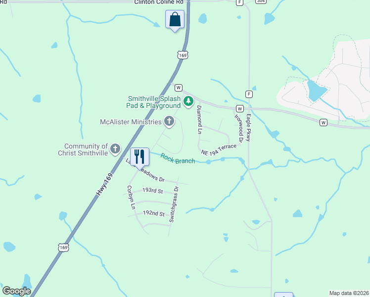 map of restaurants, bars, coffee shops, grocery stores, and more near 19409 Mulberry Lane in Smithville