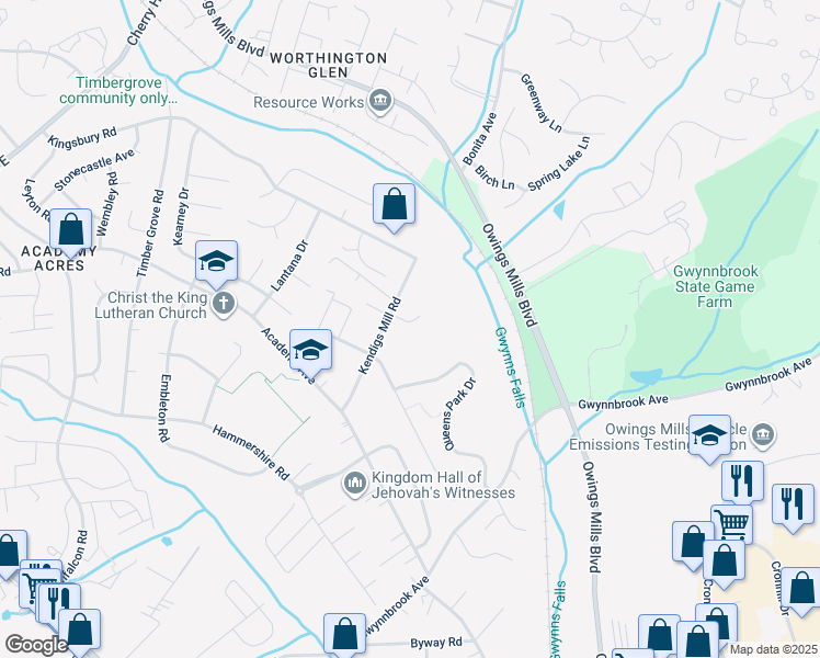 map of restaurants, bars, coffee shops, grocery stores, and more near 5 Gillingham Ct in Owings Mills