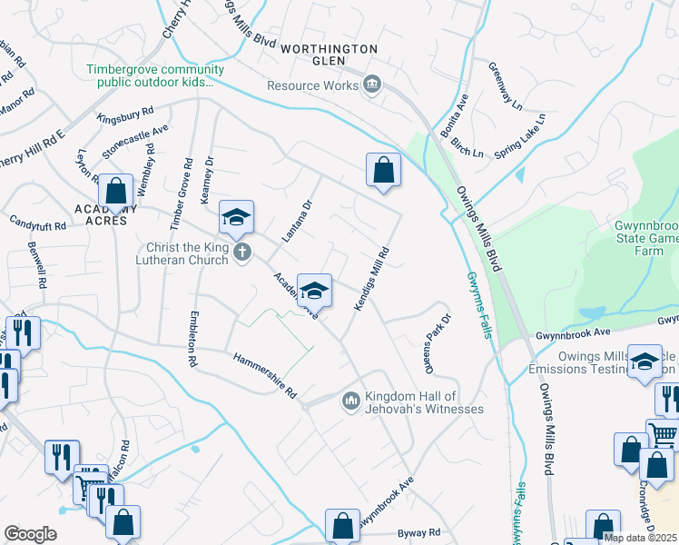 map of restaurants, bars, coffee shops, grocery stores, and more near 421 Woodhill Drive in Owings Mills