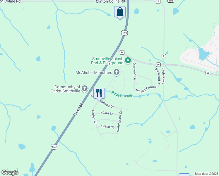 map of restaurants, bars, coffee shops, grocery stores, and more near 213 Mulberry Lane in Smithville