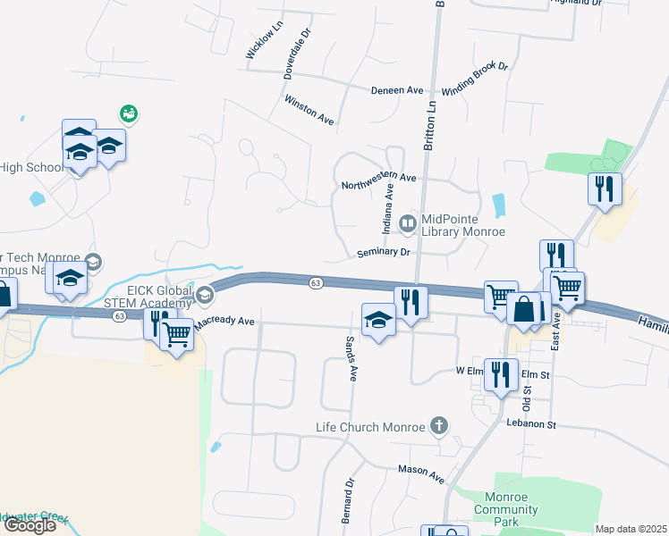 map of restaurants, bars, coffee shops, grocery stores, and more near 310 Seminary Drive in Monroe