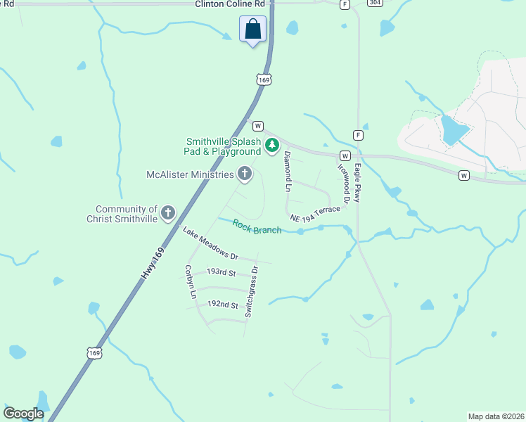 map of restaurants, bars, coffee shops, grocery stores, and more near 19409 Mulberry Lane in Smithville
