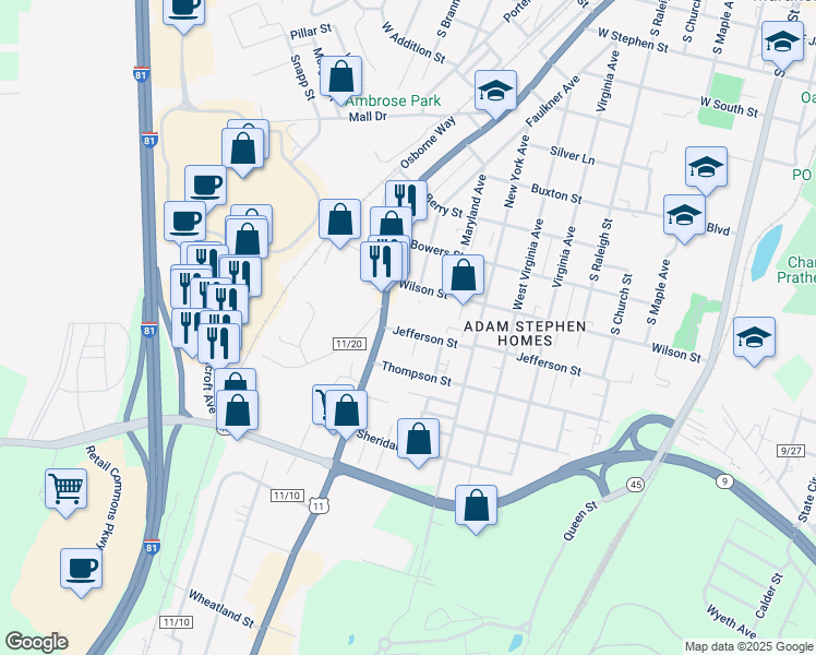 map of restaurants, bars, coffee shops, grocery stores, and more near 230 Jefferson Street in Martinsburg